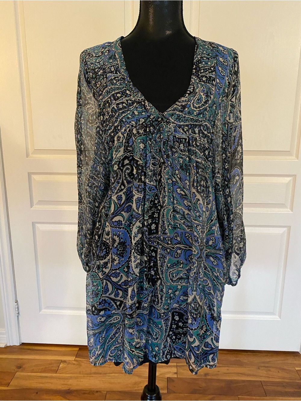 Joie Bohemian Blue & Teal Paisley Long-Sleeve Dress